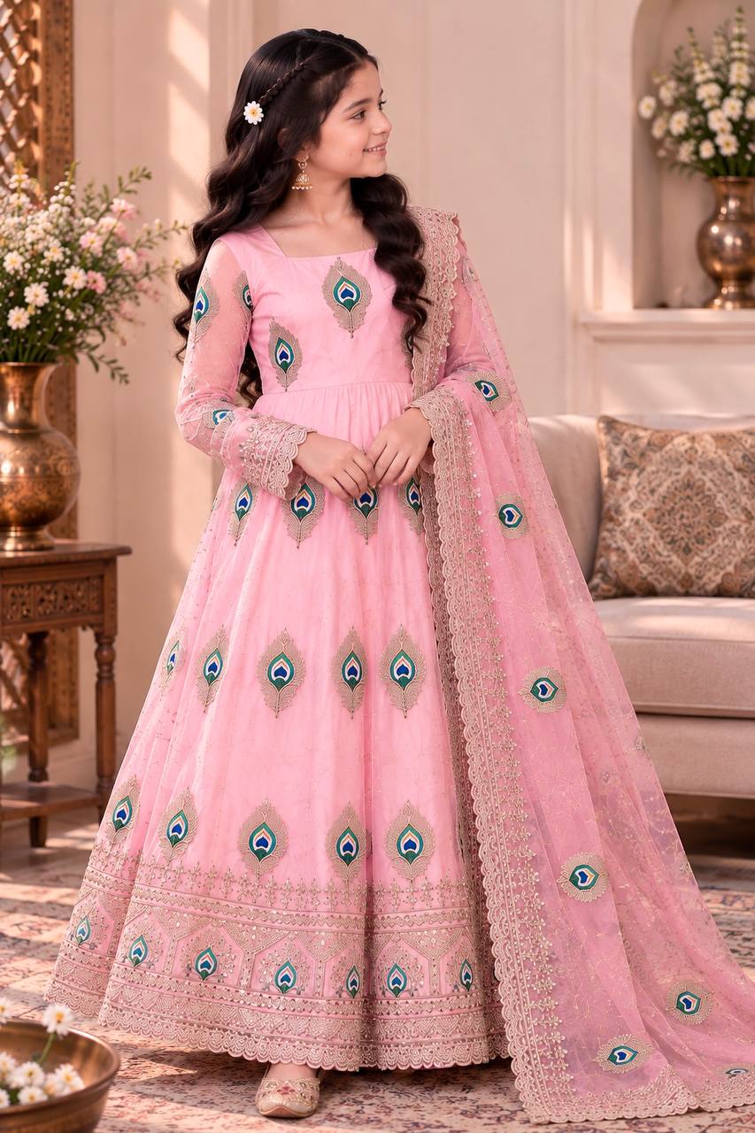 Shopesy Girls Baby Pink Anarkali Dress with Dupatta