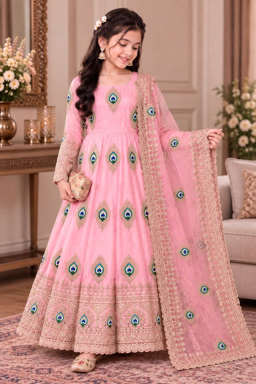 Shopesy Girls Baby Pink Anarkali Dress with Dupatta
