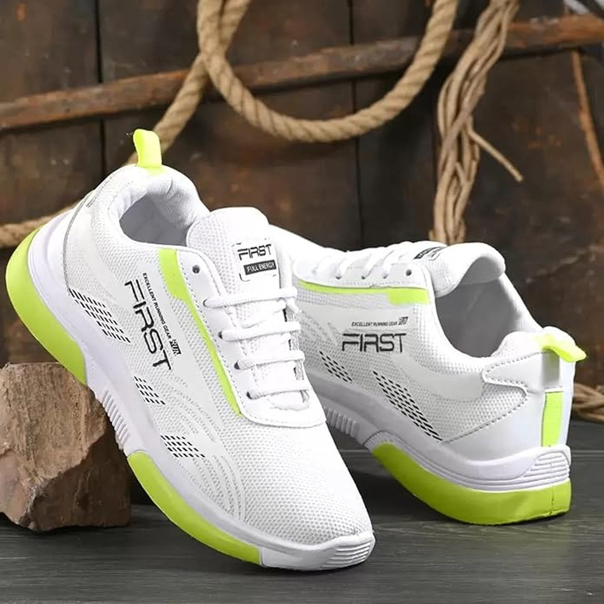Men's White Neon Green Sports Running Shoes